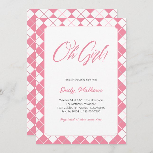 Simple Cute Gingham Pink Plaid Girl Baby Shower Invitation (Front/Back)