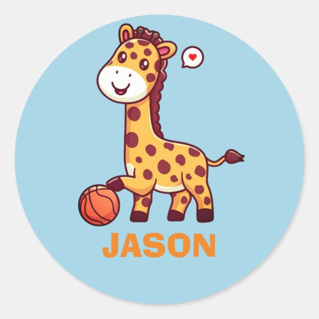 Simple cute giraffe kawaii with basketball  classic round sticker (Front)