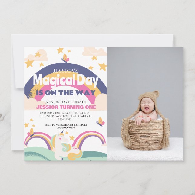 Simple Cute Girl Photo Unicorn First Birthday Baby Invitation (Front)