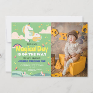Simple Cute Girl Photo Unicorn First Birthday Baby Invitation