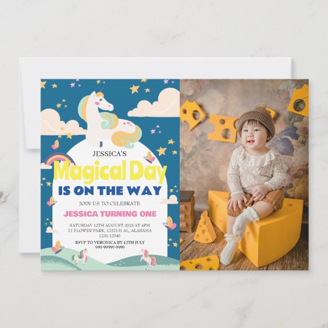 Simple Cute Girl Photo Unicorn First Birthday Baby Invitation (Front)