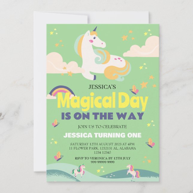 Simple Cute Girl Photo Unicorn First Birthday Baby Invitation (Front)