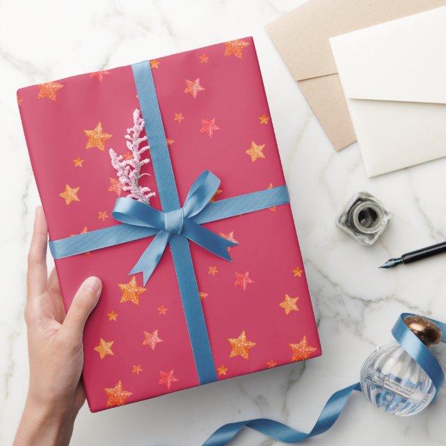 Simple Cute Glam Red Glitter Shimmer Stars Pattern Wrapping Paper (Gifting)