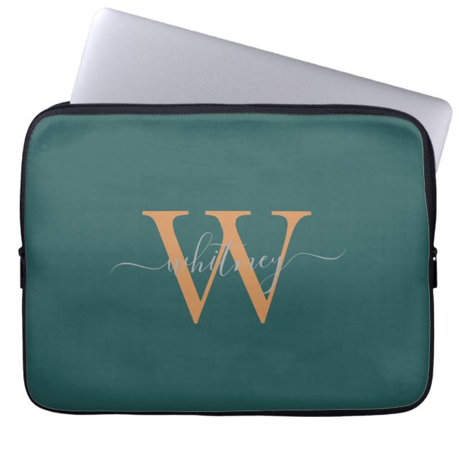 Simple Cute Green Monogram Name & Initial Laptop Sleeve (Front)