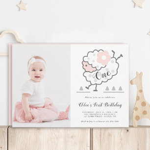 Simple Cute Jumping Lamb 1st Birthday Photo Invitation