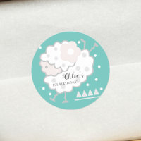 Simple Cute Jumping Lamb Cyan & White 1st Birthday