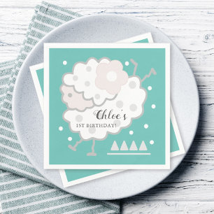 Simple Cute Jumping Lamb Cyan & White 1st Birthday Napkin