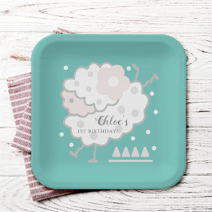 Simple Cute Jumping Lamb Cyan & White 1st Birthday Paper Plate