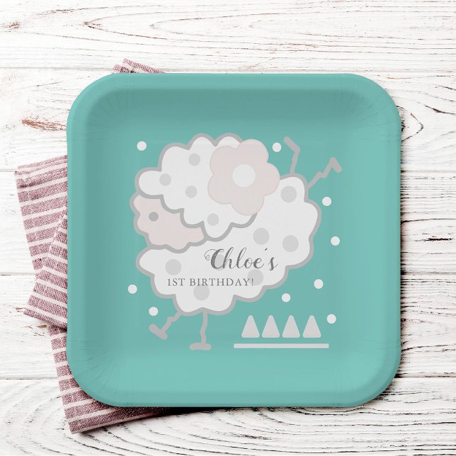 Simple Cute Jumping Lamb Cyan & White 1st Birthday Paper Plate (Creator Uploaded)