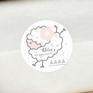 Simple Cute Jumping Lamb Pink & White 1st Birthda Classic Round Sticker