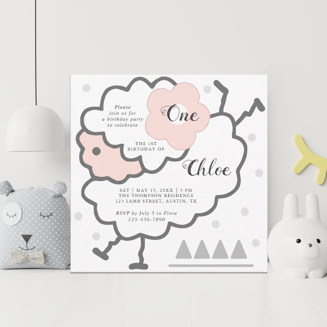 Simple Cute Jumping Lamb Pink & White 1st Birthday Invitation (Creator Uploaded)