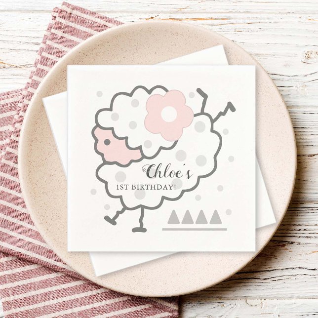 Simple Cute Jumping Lamb Pink & White 1st Birthday Napkin (Creator Uploaded)