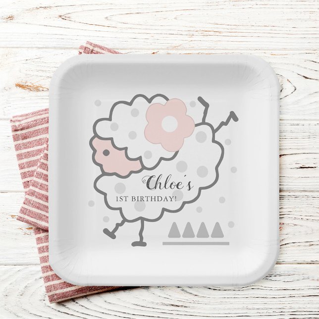 Simple Cute Jumping Lamb Pink & White 1st Birthday Paper Plate (Creator Uploaded)