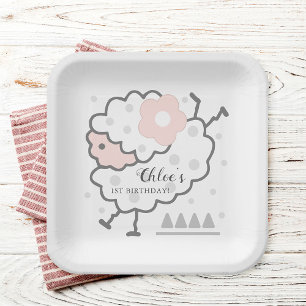 Simple Cute Jumping Lamb Pink & White 1st Birthday Paper Plate