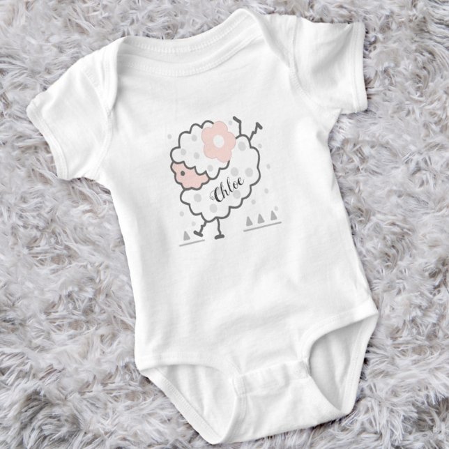 Simple Cute Jumping Lamb Pink & White Baby Bodysuit (Creator Uploaded)