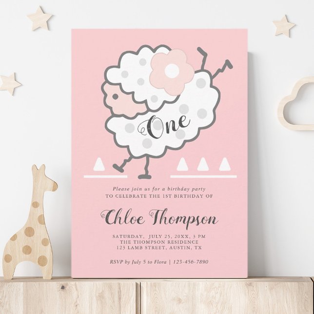 Simple Cute Jumping White Lamb 1st Birthday Pink Invitation (Creator Uploaded)