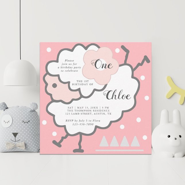 Simple Cute Jumping White Lamb 1st Birthday Pink Invitation (Creator Uploaded)