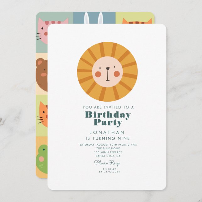 Simple Cute Lion Forest with Animals Birthday  Invitation (Front/Back)