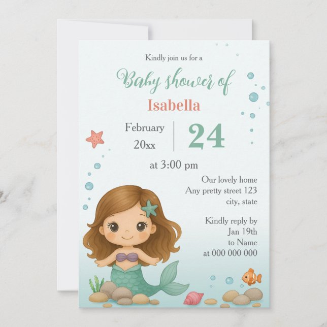 Simple cute little mermaid baby shower invitation (Front)
