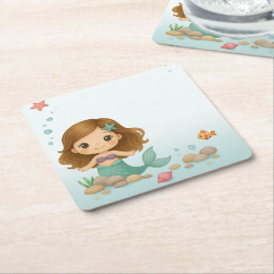 Simple cute little mermaid square paper coaster