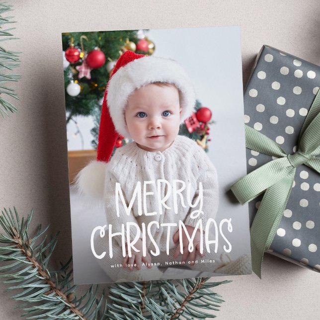 Simple cute Merry Christmas one photo green Holiday Card (Creator Uploaded)