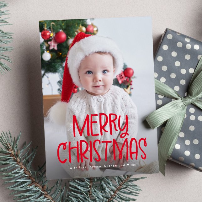 Simple cute Merry Christmas one photo red Holiday Card (Creator Uploaded)