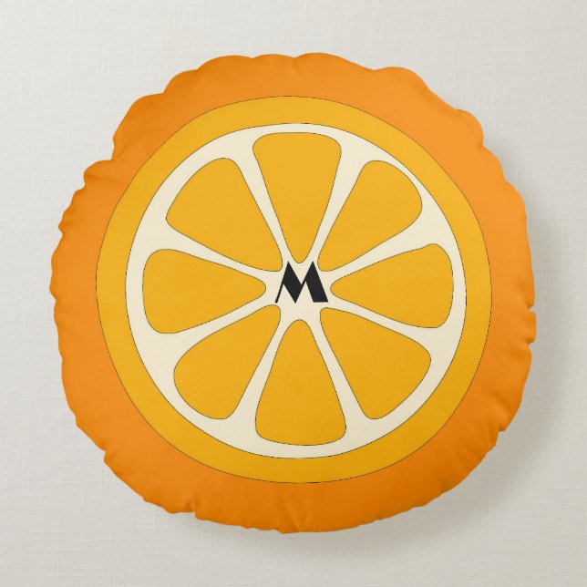 Simple Cute Minimalist Orange Slice with Monogram  Round Cushion (Front)