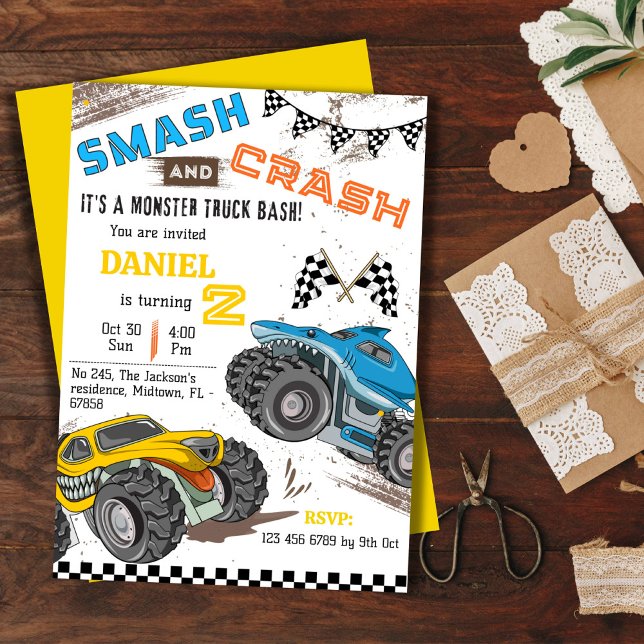 Simple cute modern monster truck kid 2nd birthday invitation (Creator Uploaded)