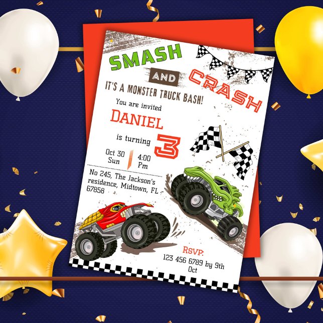 Simple cute modern monster truck kid 3rd birthday  invitation (Creator Uploaded)