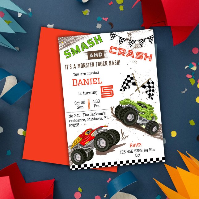 Simple cute modern monster truck kid 5th birthday  invitation (Creator Uploaded)