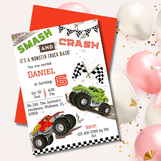Simple cute modern monster truck kid 6th birthday  invitation (Creator Uploaded)