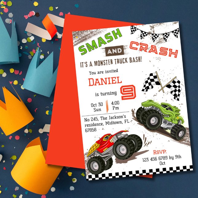 Simple cute modern monster truck kid 9th birthday invitation (Creator Uploaded)