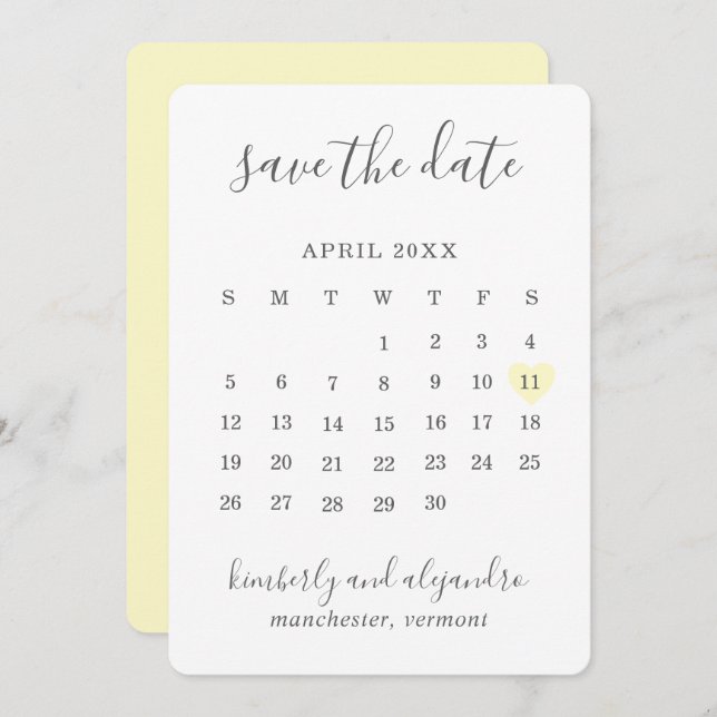 Simple Cute Pastel Yellow Heart Calender Wedding Save The Date (Front/Back)