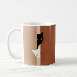 Simple Cute Peeking Cats Black White Soft Beige Coffee Mug