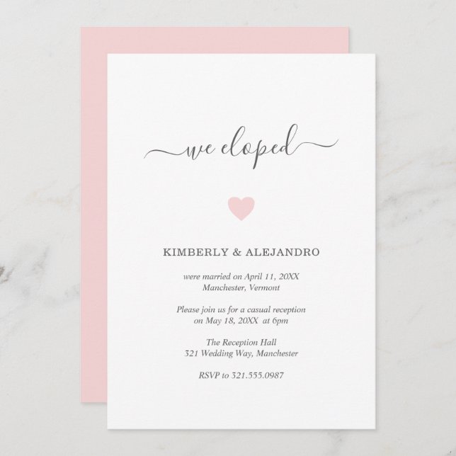Simple Cute Pink Heart Modern Wedding Reception Invitation (Front/Back)