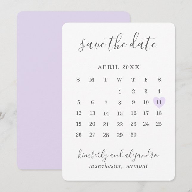 Simple Cute Purple Heart Calender Wedding Save The Date (Front/Back)