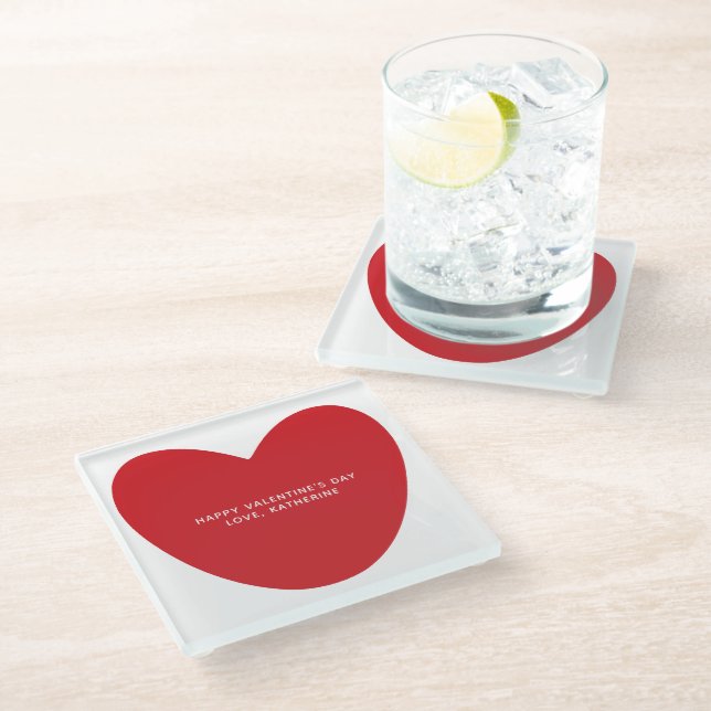 Simple cute red heart custom Valentine's Day Glass Coaster (Angled)