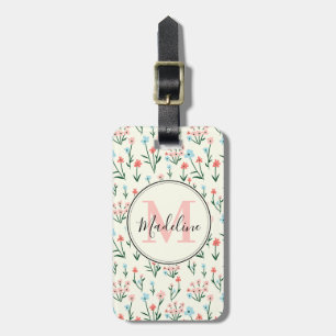 Simple Cute Rose Flower Pink Monogram Name Luggage Tag