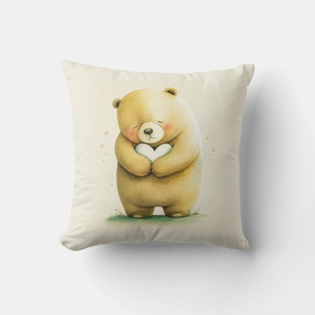 Simple Cute Sad Bear Holding a Heart Artwork | Cushion (Front)
