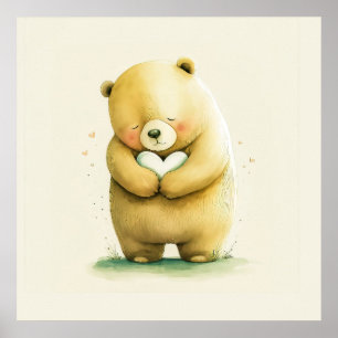 Simple Cute Sad Bear Holding a Heart Artwork   Poster