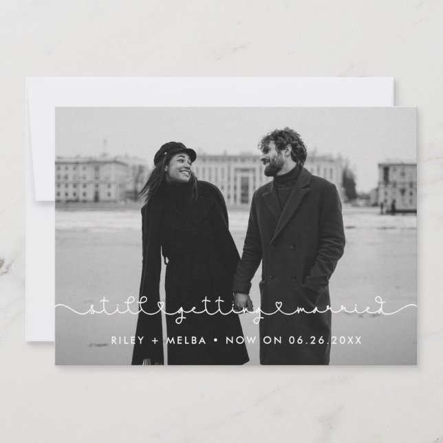 Simple cute Still getting married wedding update Announcement (Front)