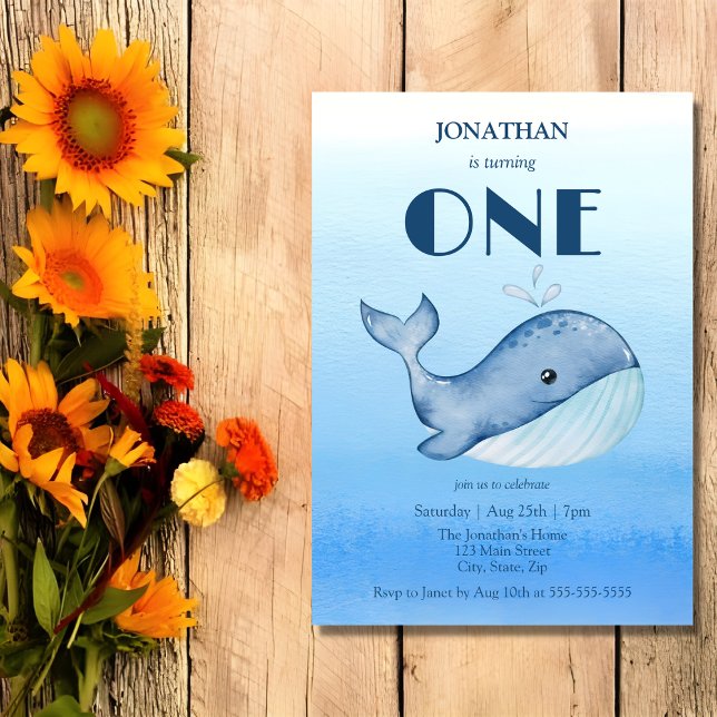 Simple Cute Whale Blue Sea 1st Birthday  Invitation (Creator Uploaded)