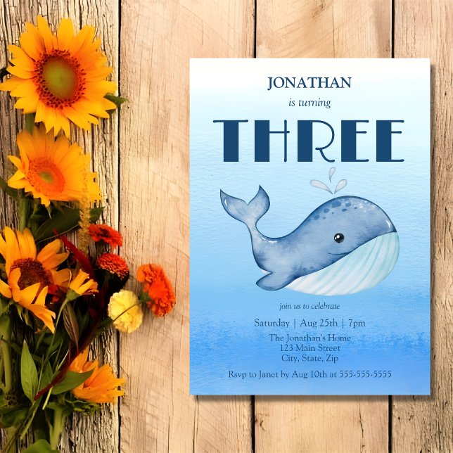 Simple Cute Whale Blue Sea 3rd Birthday  Invitation (Creator Uploaded)