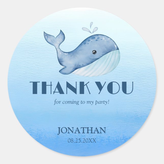 Simple Cute Whale Blue Sea Birthday Thank You Classic Round Sticker (Front)