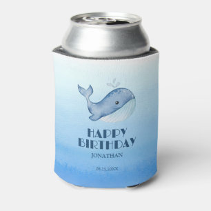 Simple Cute Whale Blue Sea Happy Birthday Can Cooler