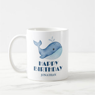 Simple Cute Whale Blue Sea Happy Birthday Coffee Mug