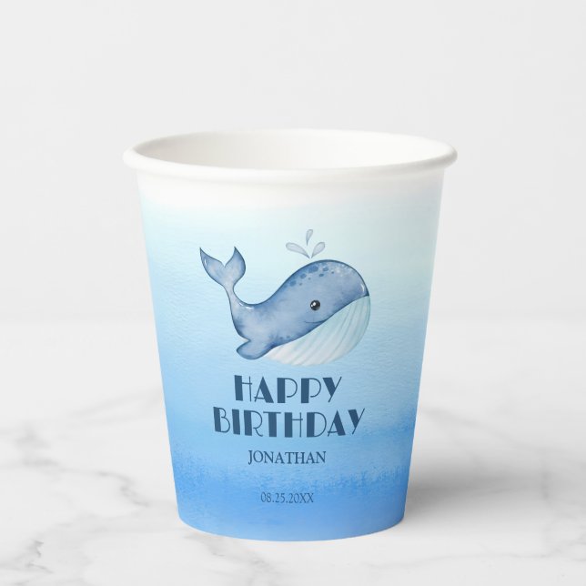 Simple Cute Whale Blue Sea Happy Birthday  Paper Cups (Front)