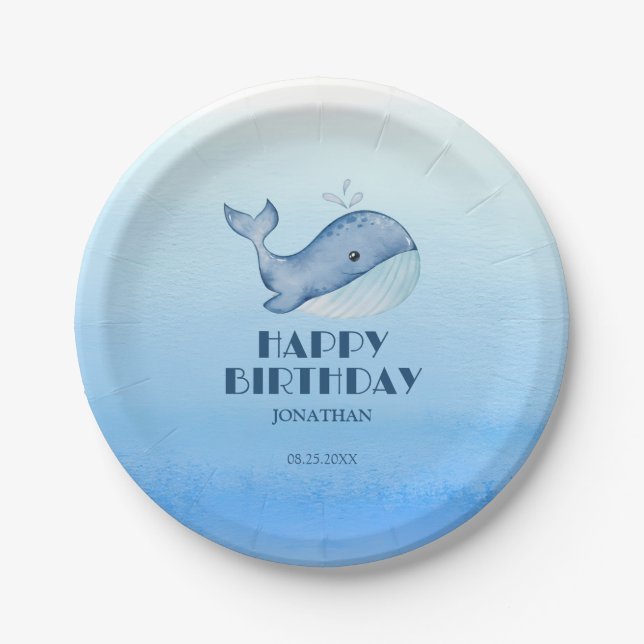 Simple Cute Whale Blue Sea Happy Birthday  Paper Plate (Front)