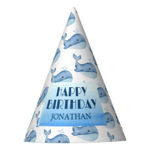 Simple Cute Whale Blue Sea Happy Birthday Party Hat