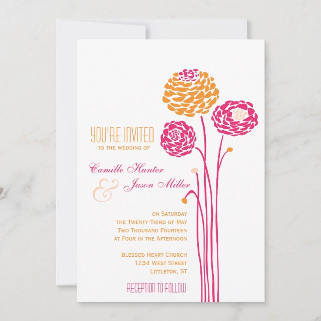 Simple Dahlia - Pink & Orange Wedding Invitation (Front)